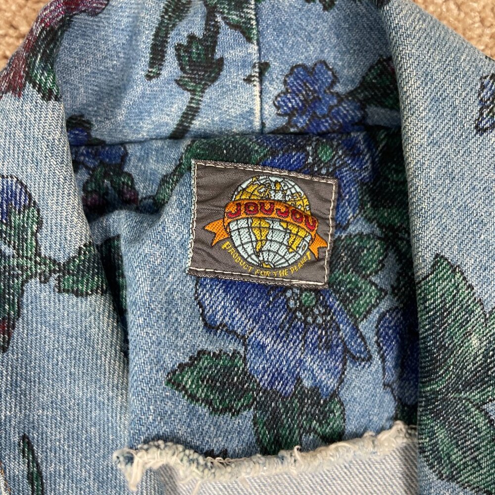 JOUJOU Blazer Womens S Blue Denim Floral Vintage 80s Oversized Boxy Long Jacket - Picture 7 of 13